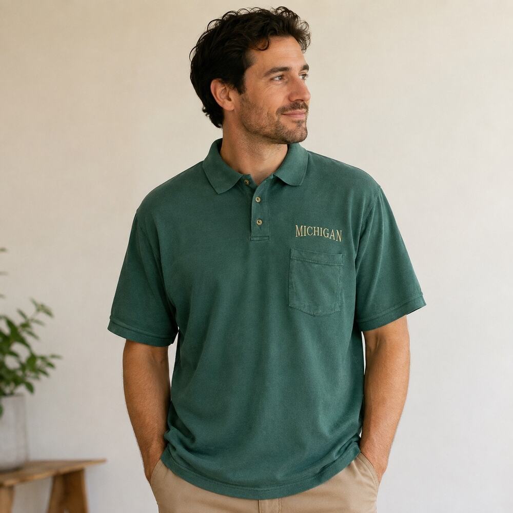 Vintage Anvil Michigan Polo Shirt Mens Large Green Embroidered 90s Cotton